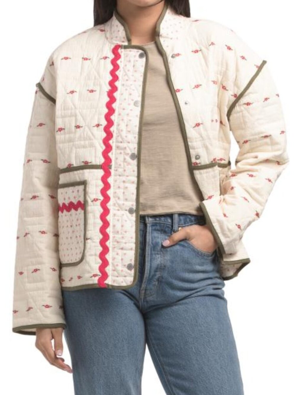 AVEC LES FILLES Combo Quilted Jacket With Ric Rac Trim - Cream, Pink and Olive